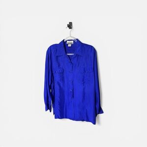 Marnie West Vintage 1980s Oversized Jewel Blue 100% Silk Womens Button Down Sz L
